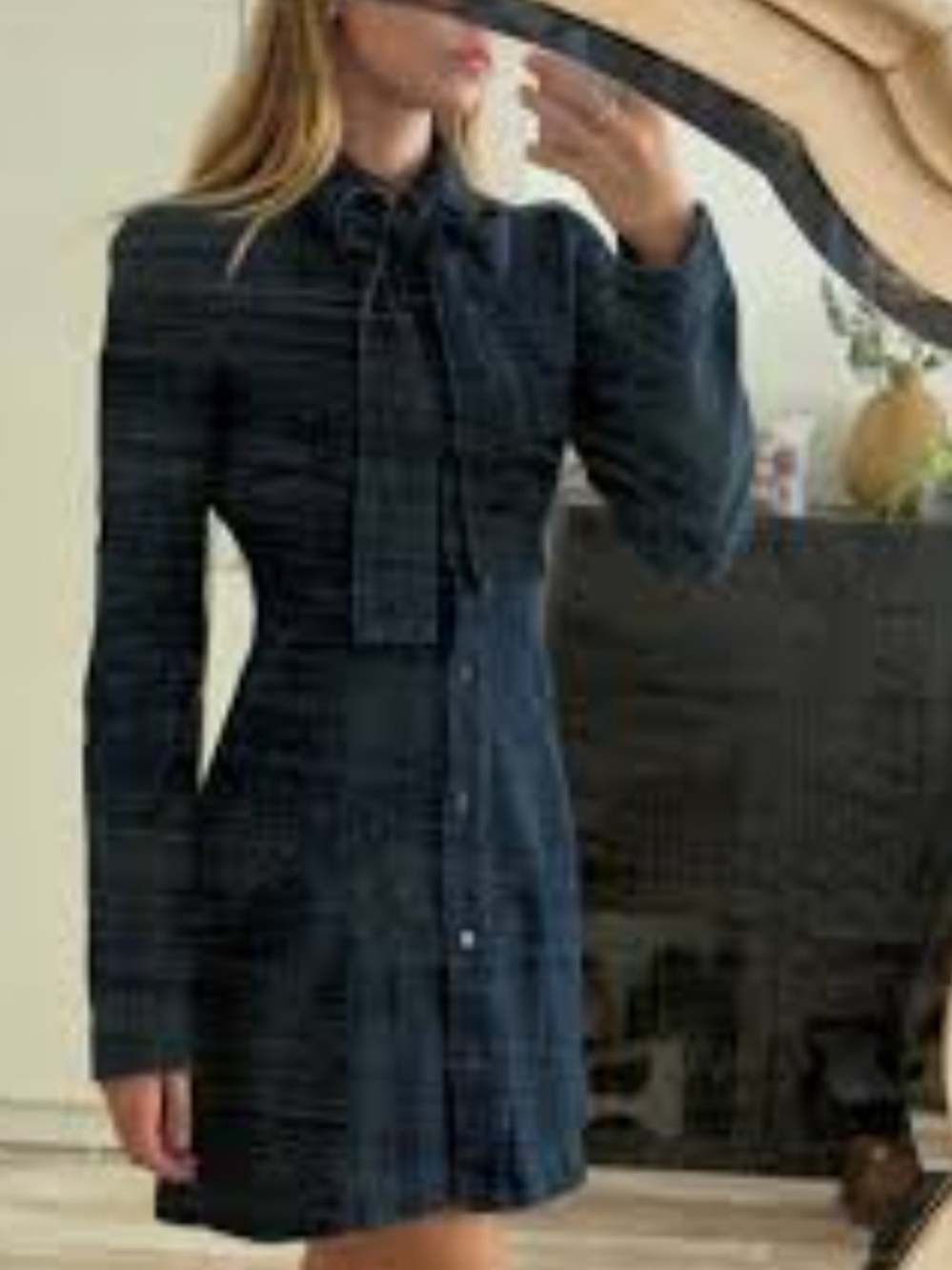 Zara Black Mini Shirt Dress with Tie-Neck